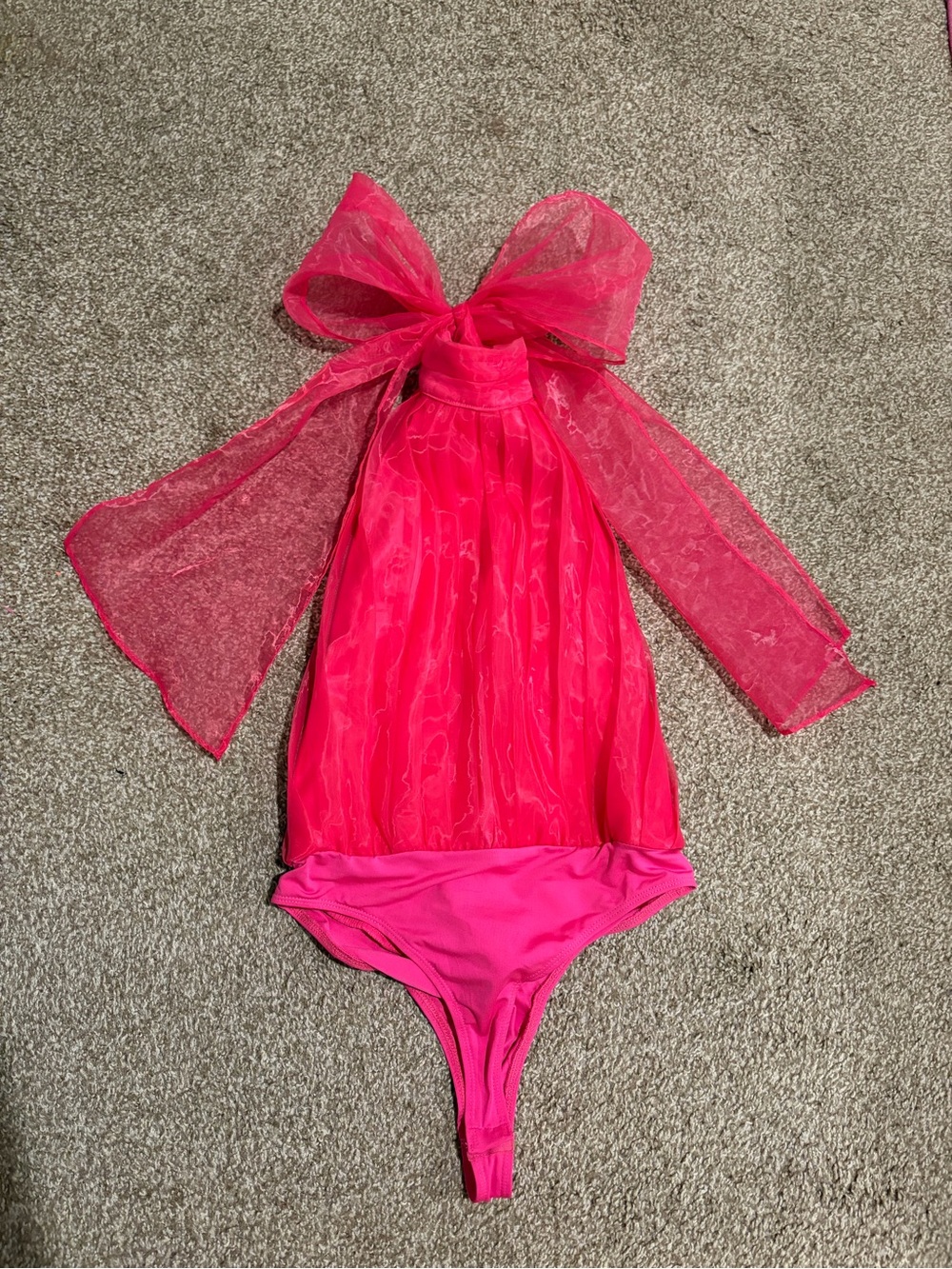 Hot Pink Halter One-Piece Bodysuit with Sheer Bow